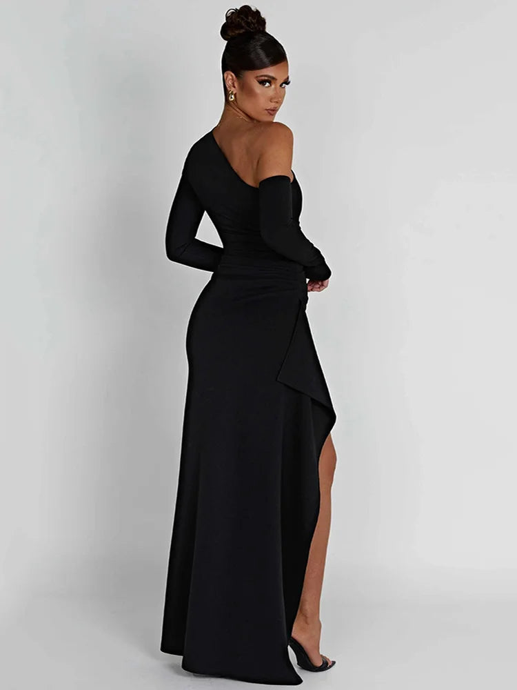 qgtao Oblique Shoulder Thigh High Split Maxi Dress Women Long Sleeve Backless Bodycon Sexy Club Party Long Dress Vestidos