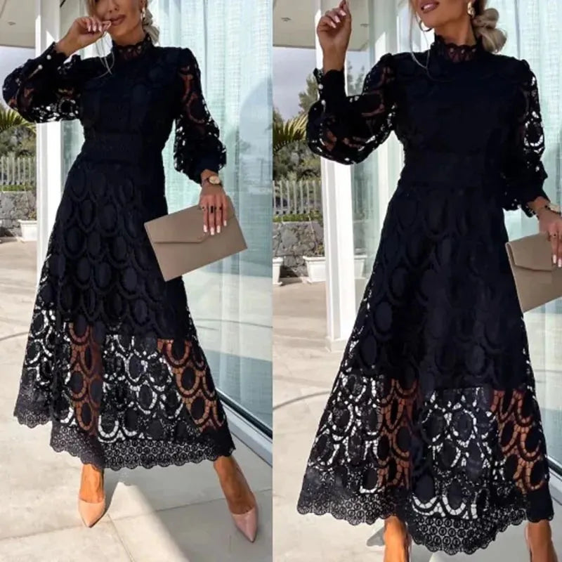 qgtao Women Crochet Hollow Solid Party Dress Sexy Half High Lace High Waist Slim Long Dress Fashion Summer Lace Patchwork Maxi Dress