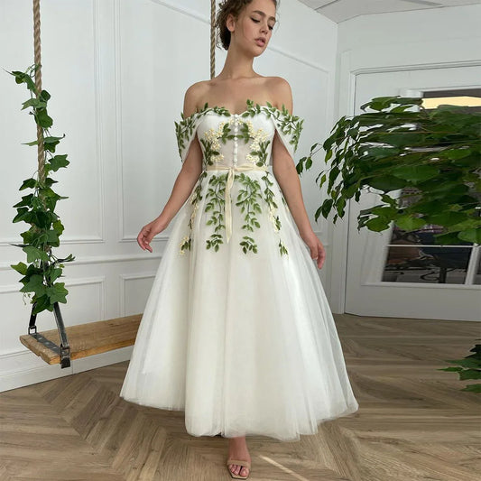 White Flowers Appliques Prom Dresses Off Shoulder Tea-Length A-Line Evening Dress Wedding Party Gowns with Pockets