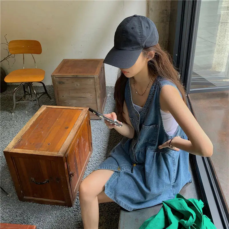 qgtao Sleeveless Dress Women Streetwear Single Breasted Pockets V-neck Denim Females Mini Dresses A-line Pleated Vintage Korean Style