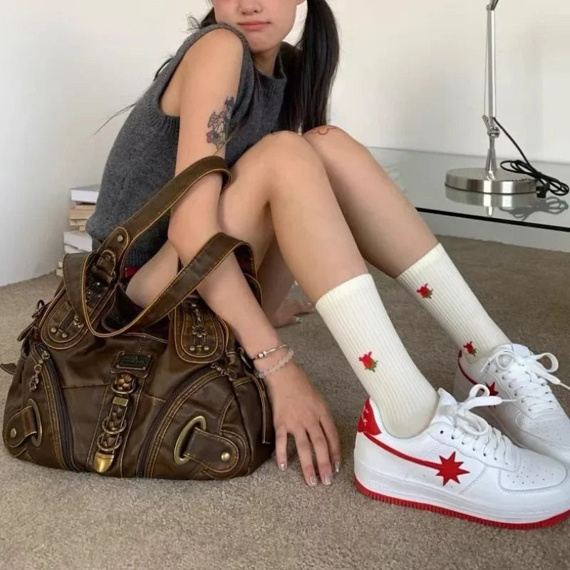 qgtao Y2k Vintage Womens Shoulder Bag Large Capacity Casual Pu Leather Tote Bag American Retro Luxury Designer Ladies Armpit Bag