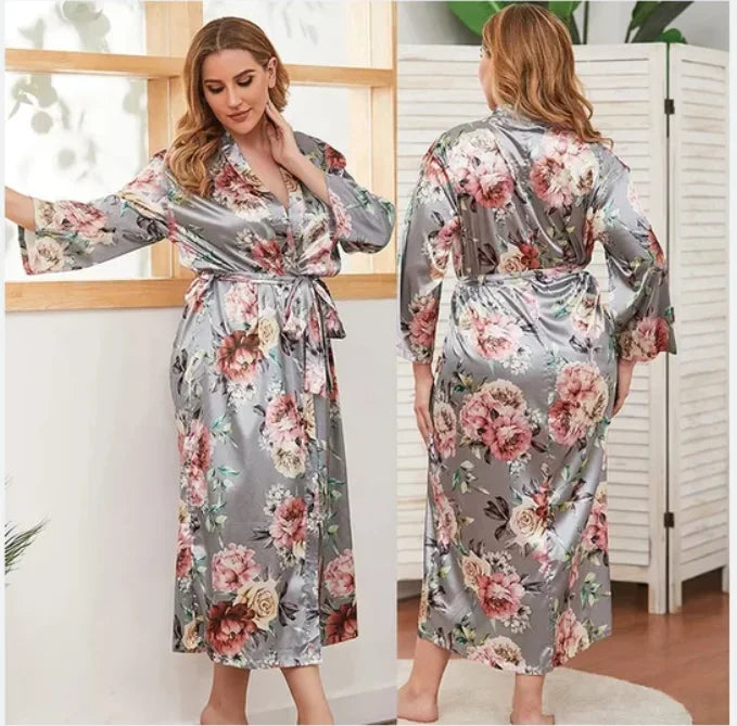 qgtao Oversize Long Robe Spring Summer Women Sleepwear Kimono Bathrobe Gown Sexy Satin Nightwear Nightgown Loose Home Dressing Gown