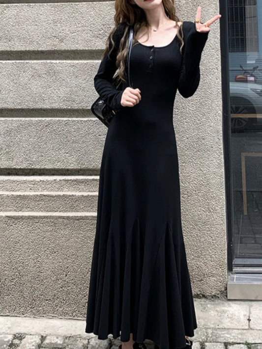 qgtao Black Long Dress Women Vintage Fishtail Dresses Female Party Fashion Long Sleeve Dress Ladies Elegant Casual Ruffle Robe