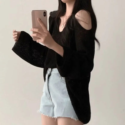 Autumn Winter Casual Fashion Hollow Out Bottoming Sweater Ladiesoff the Shoulder Knitting Top Women Sexy Loose V-neck Jumpers