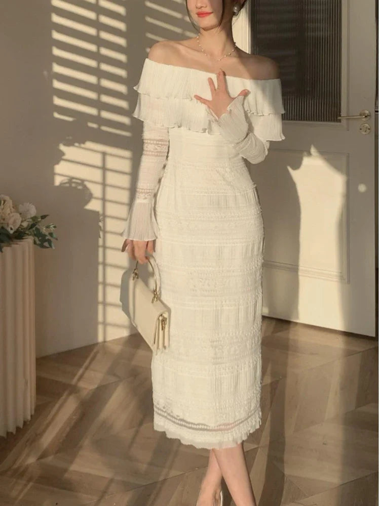 qgtao White Elegant Vintage Midi Dress Women Ruffles Sexy Beach Party Bodycon Dress Female Silm One Piece Dress Korean 2024 Summer Y2k