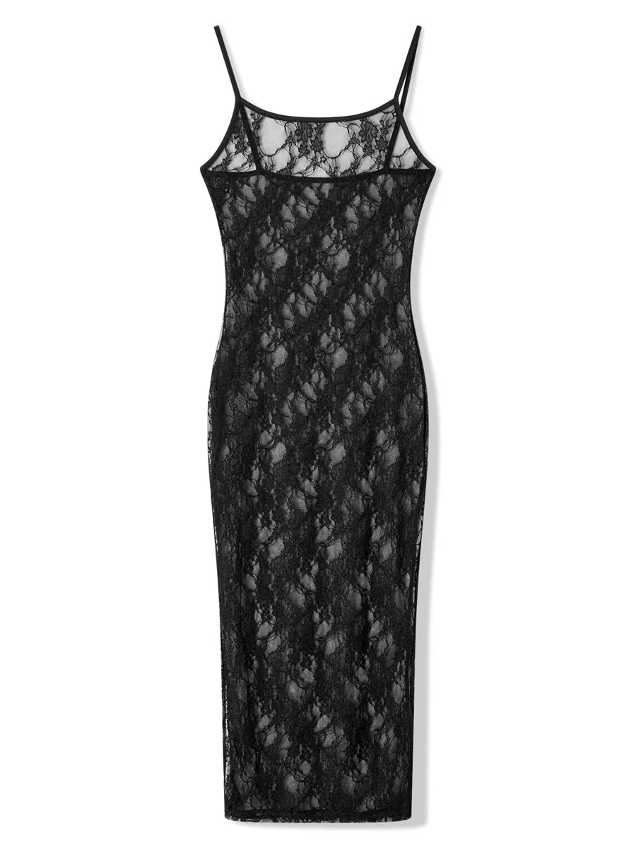 qgtao Fashion Spaghetti Strap See Through Midi Dress Women Black Sexy Sheer Mesh Lace Floral Dresses Chic Y2K Beach Outfits Vestidos