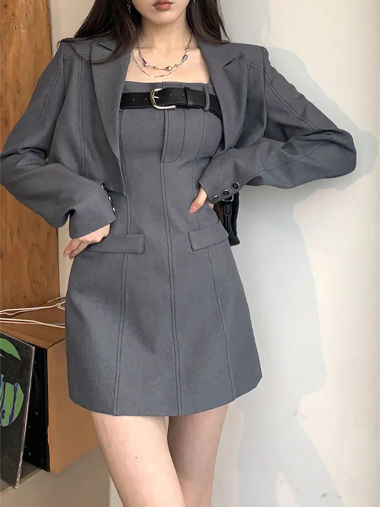 qgtao-Korean Style Two Piece Dress Set Women Elegant Blazer Coat + Strap Dress Set Female Casual France Vintage Dress Suit Spring 2023