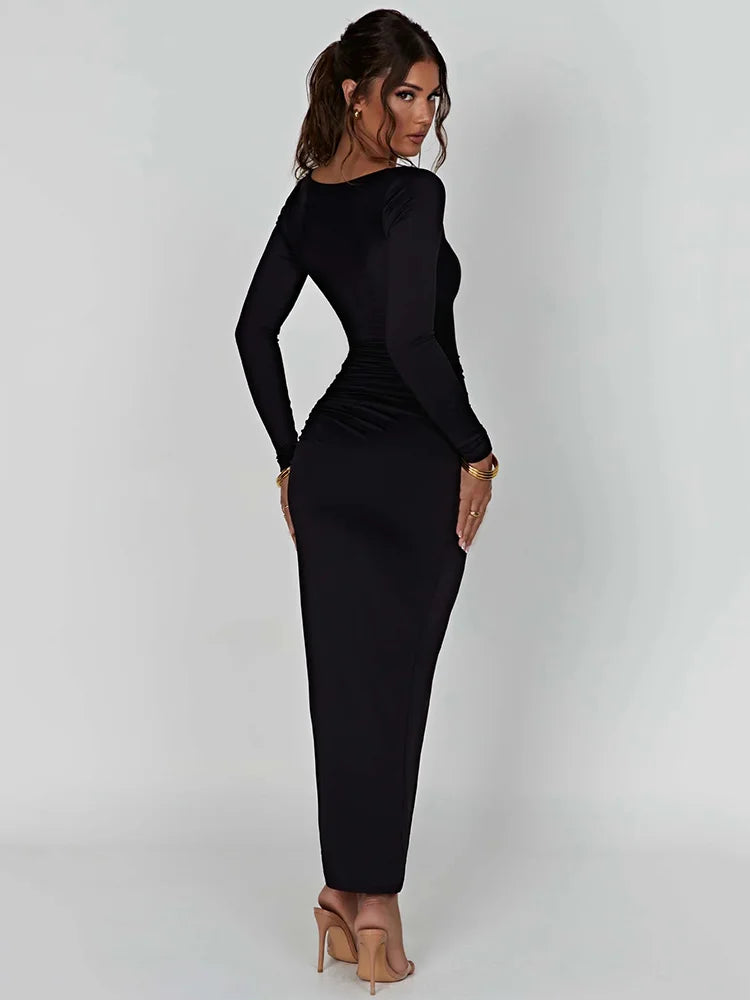 qgtao Long Sleeve Ruched High Split Maxi Dress Women Square Collar Drawstring Bodycon Sexy Party Long Dress Elegant Autumn