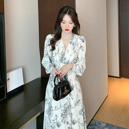 qgtao-New Vintage Floral Dress for Women with Long Sleeves Office Lady V-neck Elegant Chic Ladies Slim Print Dresses Autumn Fashion