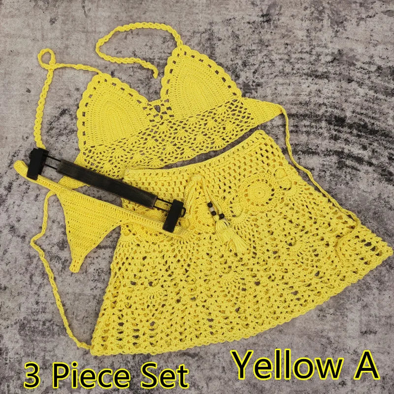 qgtao 2/3 Piece Set Hand Crochet Florens Bikini Women Sexy Beach Skirt Boho Style Elastic Waistband