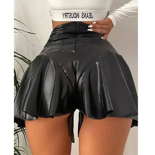 qgtao Sexy Matte Leather Shorts Ruffe Women PU Mini Hakama Shorts Skirt Lady Stretch Slim Hot Pants Nightclub Costume Clubwear Custom