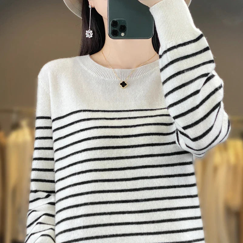 qgtao 2024 autumn/winter striped sweater women's cashmere sweater loose round neck pullover sweater long sleeved bottom sweater