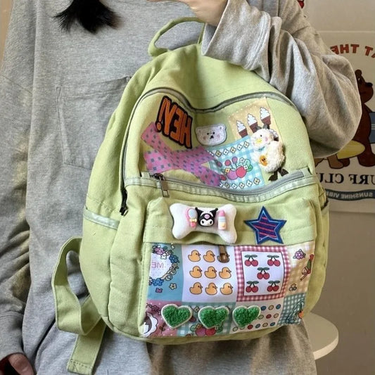 qgtao Y2k Kuromi Womens Backpack Canvas Patchwork Vintage Fashion University Backpack Large Capacity Casual Harajuku Students Bag