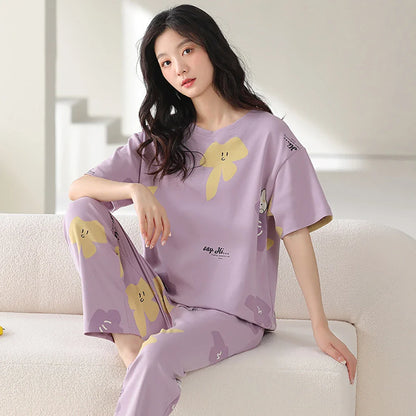 qgtao M-2XL 100% Cotton Women's Pajamas Casual Summer Short Sleeve Thin Pijama Sets Breathable Soft Pajama Sleepwear With Two Pockets