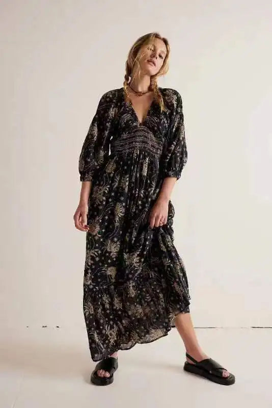 qgtao Floral Chic Boho Maxi Dress Navy V-neck Long Sleeve Spring Autumn Party Sexy Holiday Women Ladies Dresses Vestido New