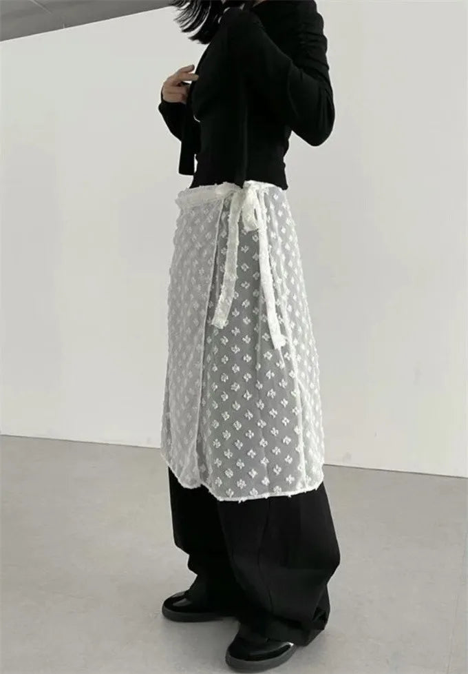 Tonngirls Korean Style See Through Skirt Women Lace Up Thin Lace Collocation Vintage Floral Ladies Skirts Y2k Streetwear 2000s