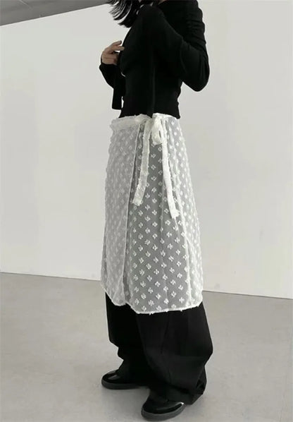 Tonngirls Korean Style See Through Skirt Women Lace Up Thin Lace Collocation Vintage Floral Ladies Skirts Y2k Streetwear 2000s