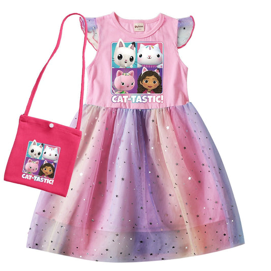 Gabbys Dollhouse Clothes Baby Girls Sleeveless Dresses with Small Bag Kids Cartoon Cats-tastic Wedding Party Princess Vestidos