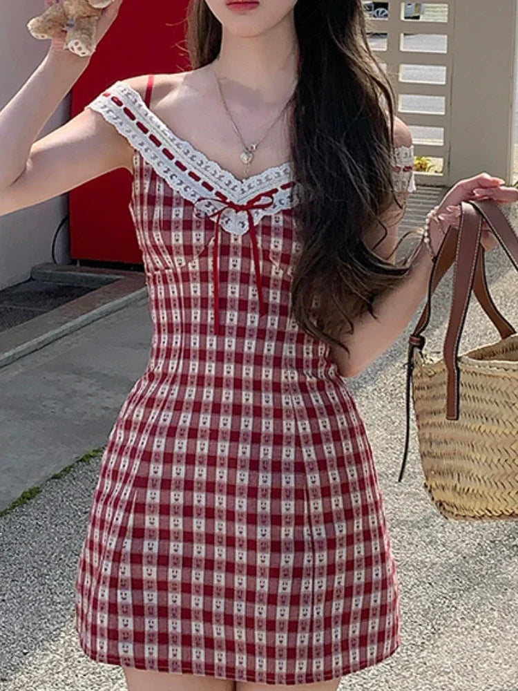 qgtao Japanese Plaid Kawaii Strap Dress Women Lace New Korean Casual Y2K Mini Dress Female V-neck High Waist Cute Clothes 2024 Summer