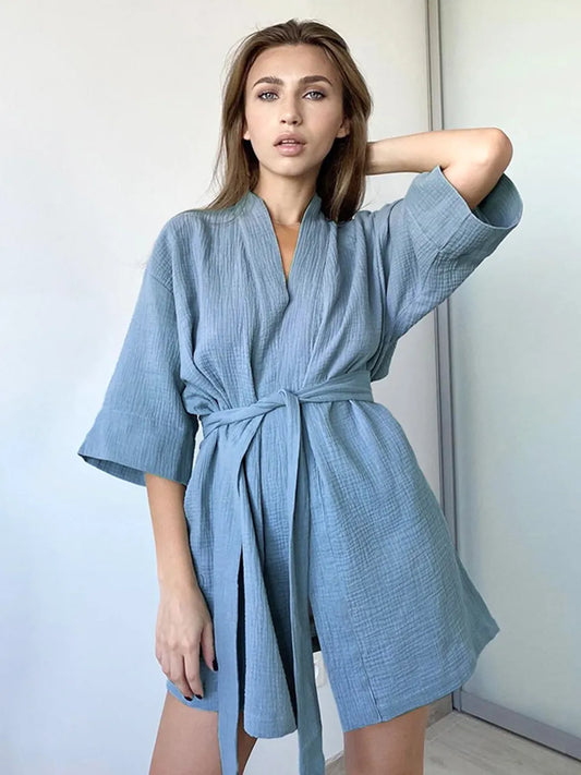 qgtao Crape Cotton Robe Women's Nightwear Mini Bathrobes Lace Up Sleepwear Muslin Women'S Home Clothes Solid Color Robes Women Nightie