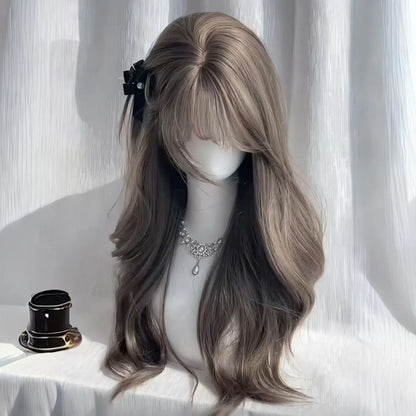 OKLULU  -  Gray Brown Wig with Bangs Long Wavy Soft Hair 24inch Body Wave Wig Lolita High Temperature Fiber Headband Peluca Daily Use