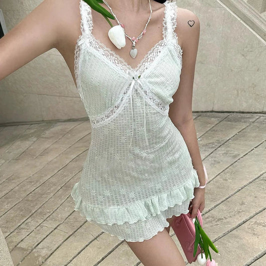 qgtao Lace Patchwork White Elegant Mini Dress V Neck Sleeveless Y2K Girly Layered Dresses Korean Women Summer Cute Hotsweet