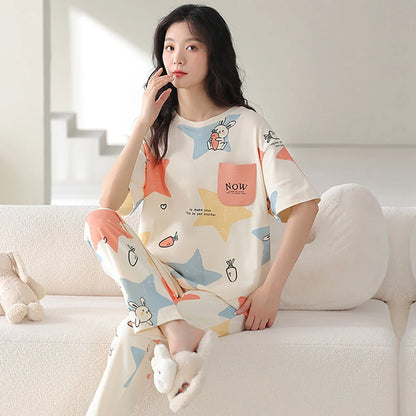 qgtao M-2XL 100% Cotton Women's Pajamas Casual Summer Short Sleeve Thin Pijama Sets Breathable Soft Pajama Sleepwear With Two Pockets