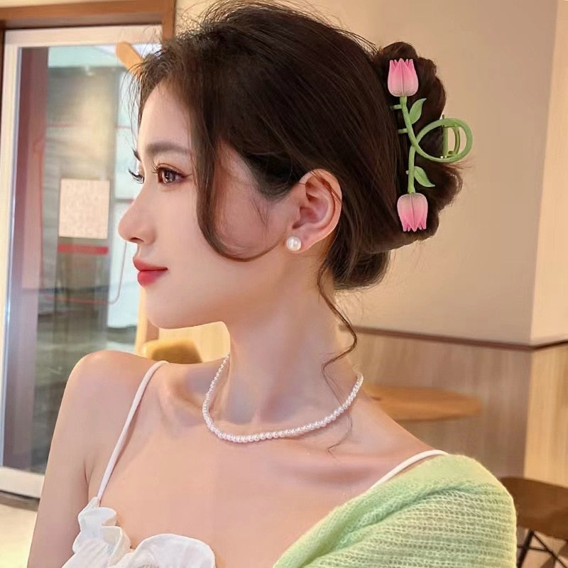 2022 Korean Fashion Pink 3D Tulip Hair Claws Women Girls Summer Shark Clip Hair Accessories Leaves Flowers Ponytail Gradient