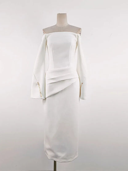 qgtao Fashion Women's Dress Slash Neck Flare Sleeves Folds Button Decorate Slim Ankle-length Dresses Summer 2024 New Tide 13DL10