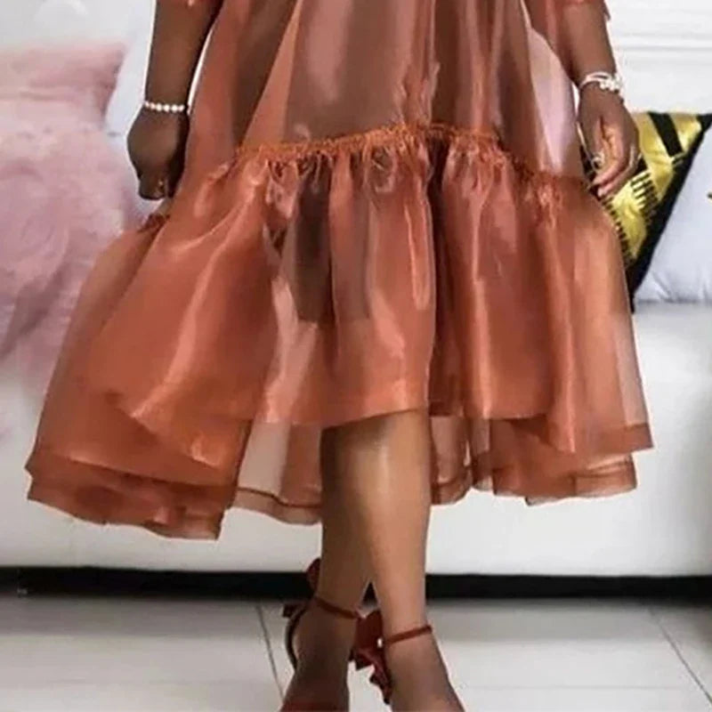 qgtao Plus Size Semi Formal Midi Dresses Casual Brown Fall Winter V Neck 3/4 Sleeve Flounce Organza Midi Dresses