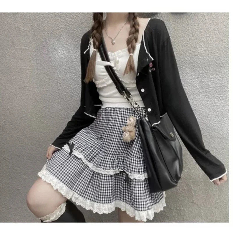 qgtao Kawaii Plaid Women Short Skirt Lolita Ruffle Japanese Style Lace Bow Mini Skirts Cutecore Sweet Pleated Preppy Skirt