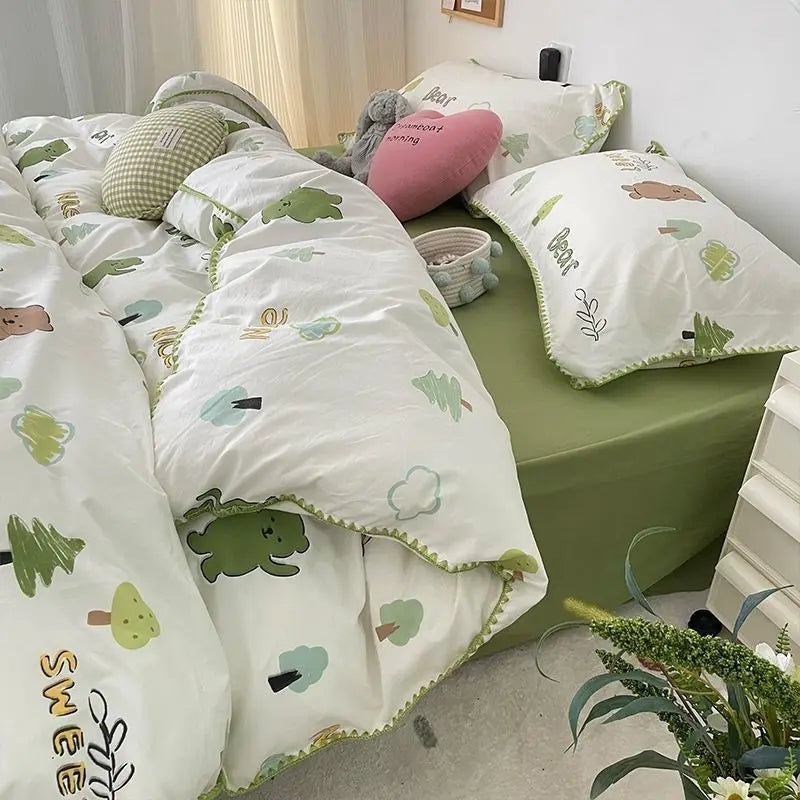 Yeknu Student Dormitory Three-piece Ins Oil Painting Wind Tulip Quilt Set Double Yarn Four-piece Set 1.8 Washed Cotton Bed Girl