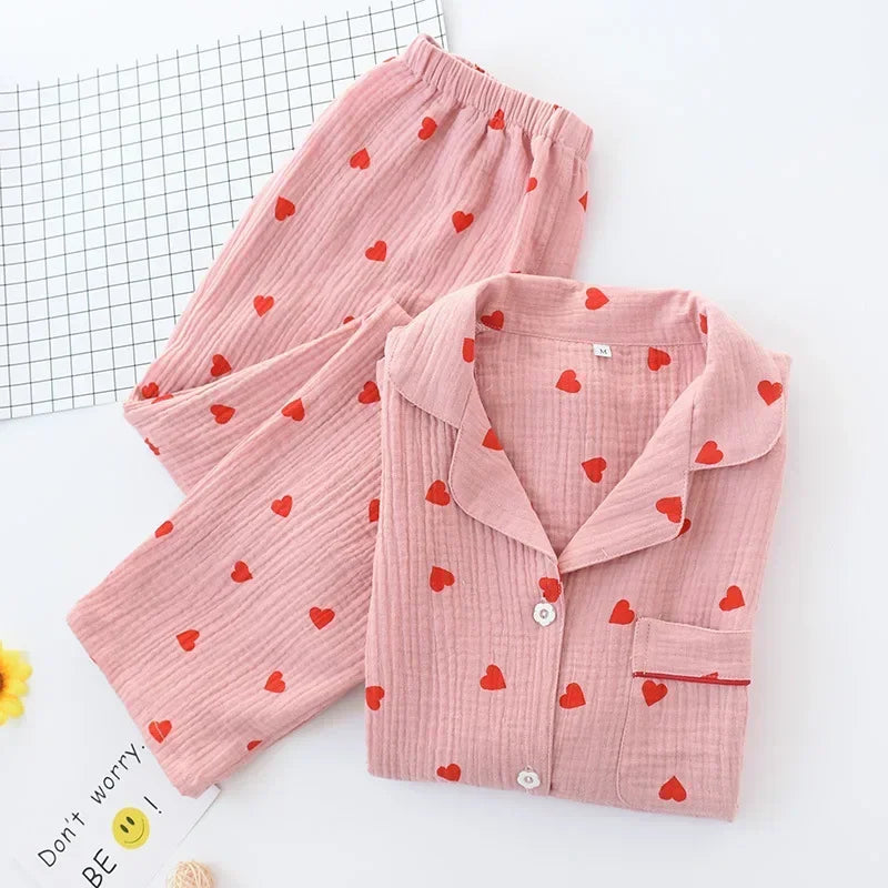 qgtao Lovely pure Cotton Women's Pajamas Ins Tiktok Popular Sweet Heart Printed Sleepwear Comfort Soft Cute Two-piece Set Homeclothing