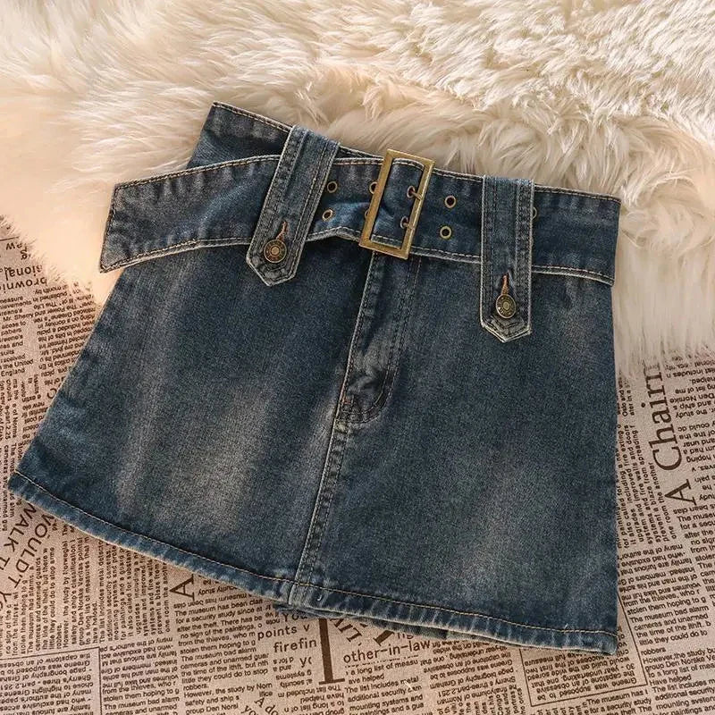 qgtao Vintage Denim Mini Skirts Women Summer Sexy Solid Belt Jeans Skirts Female Casual Ball Gown Korean Slim A Line Skirts