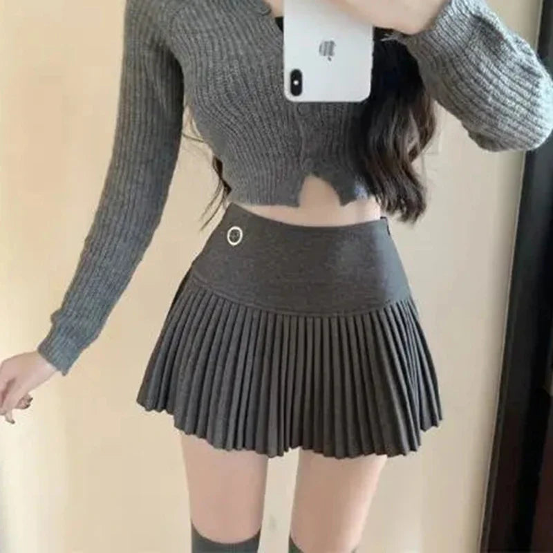 qgtao Fashion Woolen Pleated Skirts Women Korean Chic Sexy High Waist A-Line Skirts Y2K Summer Solid Preppy All Match Mini Skirts