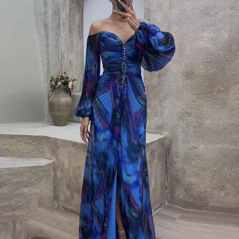 qgtao Sexy New Off Shoulder Tie Dye Pleated Bodycon Dress Women Fashion Printed Slit Banquet Party Dress Elegant Slim Folds Maxi Dress