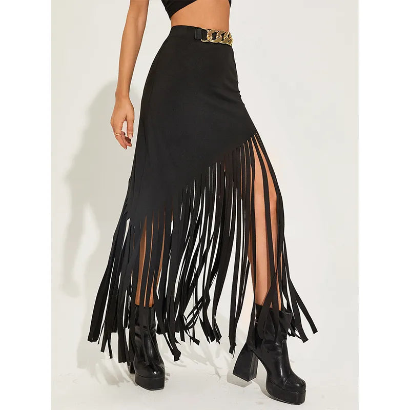 qgtao  Tassel Punk Style Sexy Women Maxi Skirts Mall Gothic Grunge High Waist Long Skirt With Ring Belt Black Club Streetwear