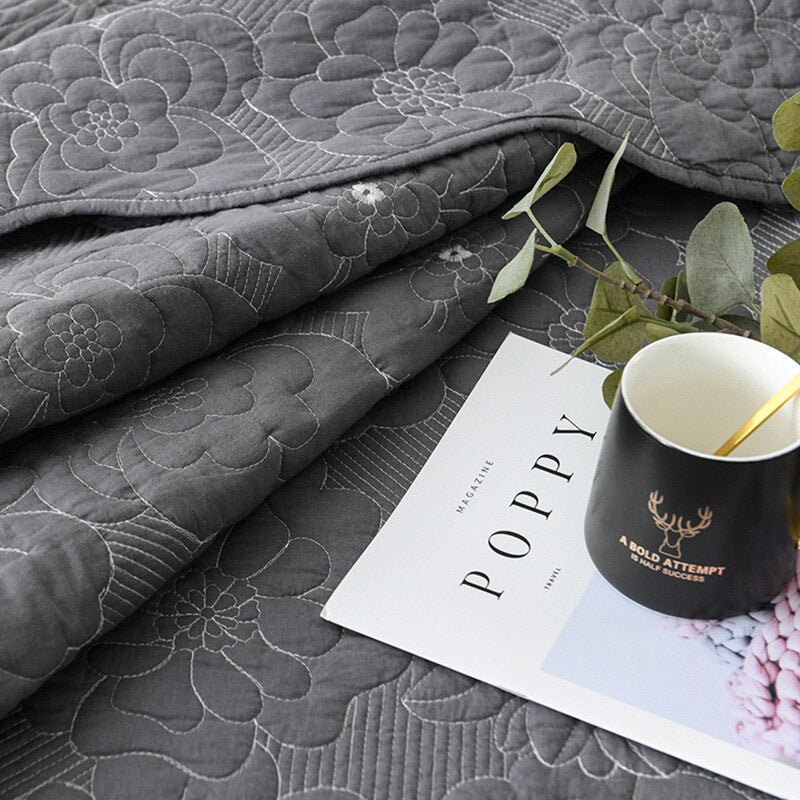 Yeknu 100% Cotton Grey Flowers 3pcs Embroidered Quilted Quilt Pillowcase Free Shipping