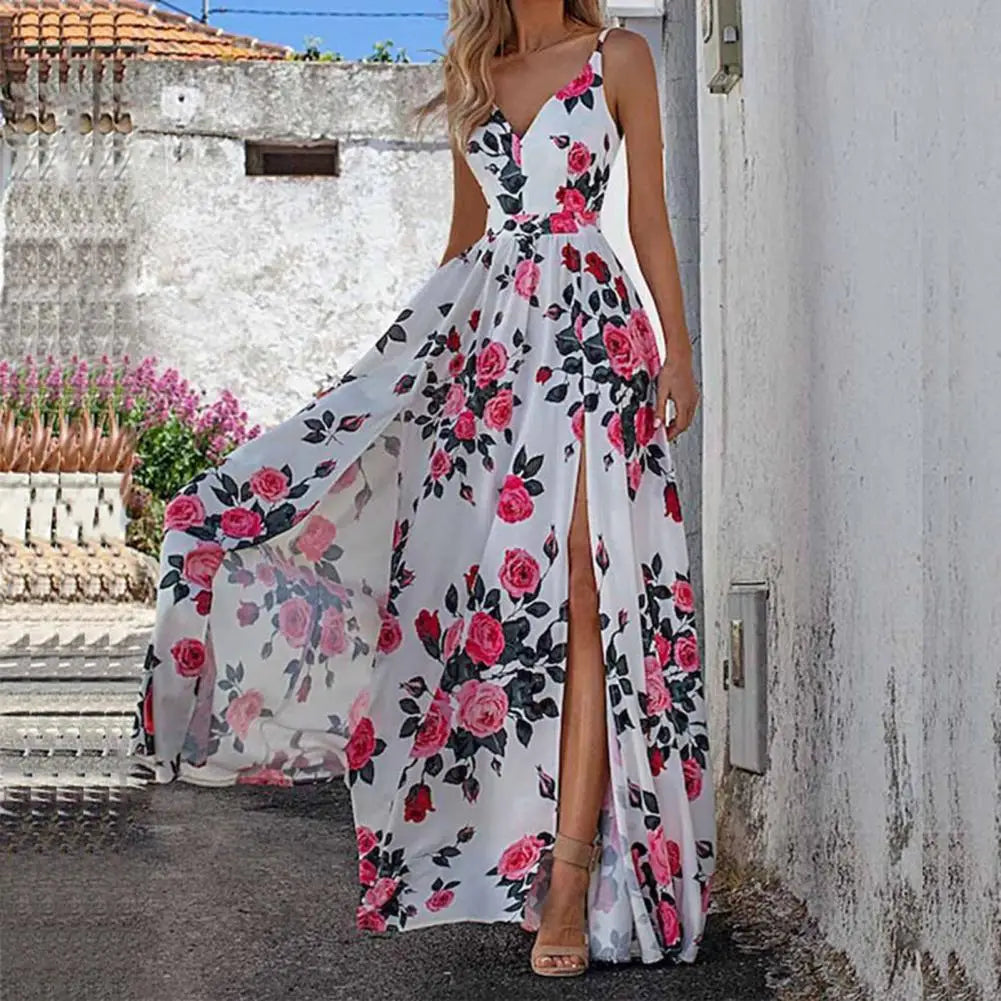 qgtao聽Summer Boho Dress Sexy Deep V-Neck Waist Tight Split Large Hem Maxi Dress Floral Print Sleeveless Sling Beach Holiday Dress