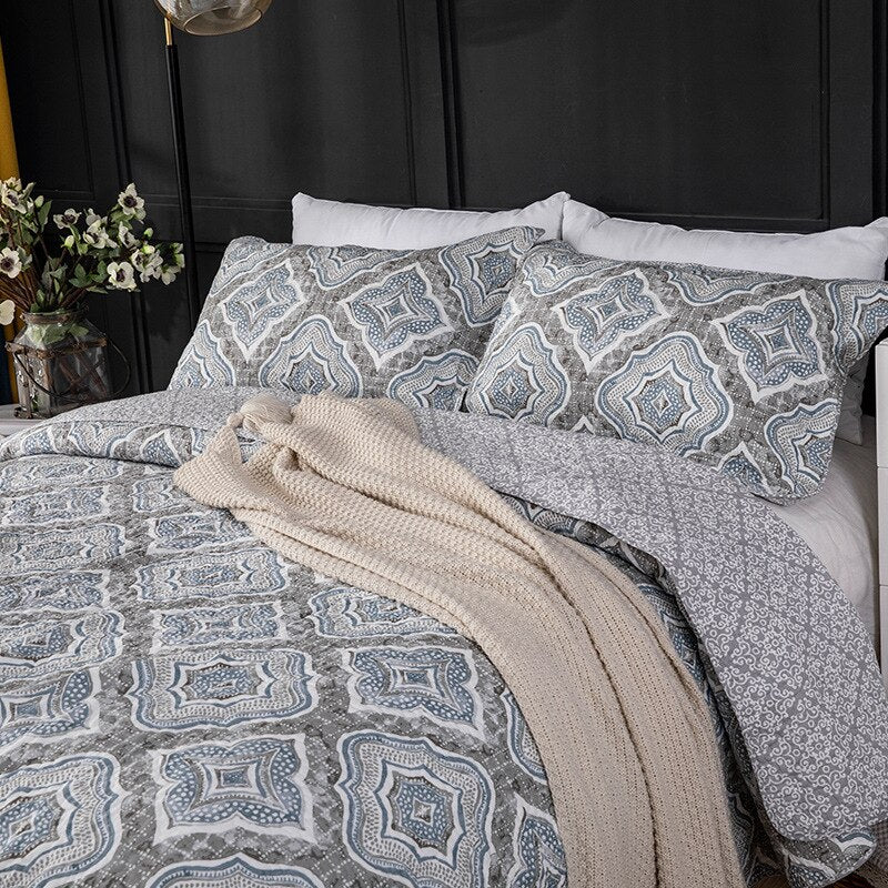 Yeknu 100% Cotton Handmade Geometric Grey 3pcs Printed Quilted Quilt Pillowcase Free Shipping