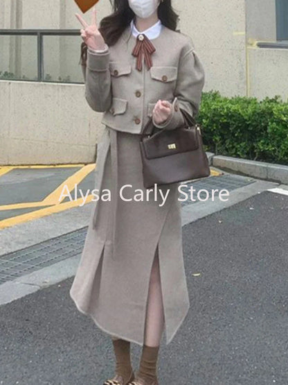 qgtao Japan Uniform Two Piece Set Women Winter Warm Cropped Coat Elegant Midi Skirt Set Fairy Sweet Vintage Casual Party Skirt Set New