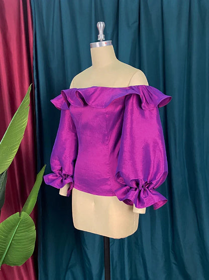qgtao Off Shoulder Blouse Plus Size Ruffles Long Flare Sleeve Shiny Purple Tops Evening Party Cocktail Club Wear Shirts Blouses 4XL