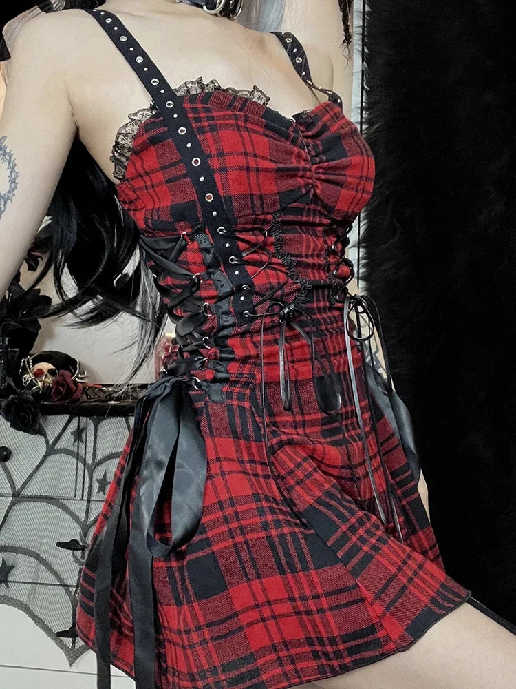 qgtao Gothic Red Plaid Dress Women Streetwear Harajuku Emo Alt Lace Patchwork Bandage Corset Dress Y2k Cute Lolita Dress