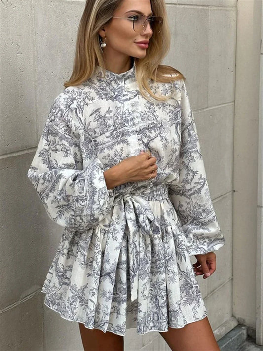 qgtao Vintage Printed Lace-Up Mini Dress For Women Fashion Ruffled Pleated Dress Bandage Long Sleeve High Street Women's Dress