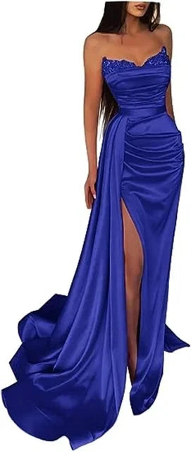 qgtao Line Sexy High Split Prom Formal Evening Dress Strapless Sleeveless Court Train Satin with Slit Pure Color robes de soirée