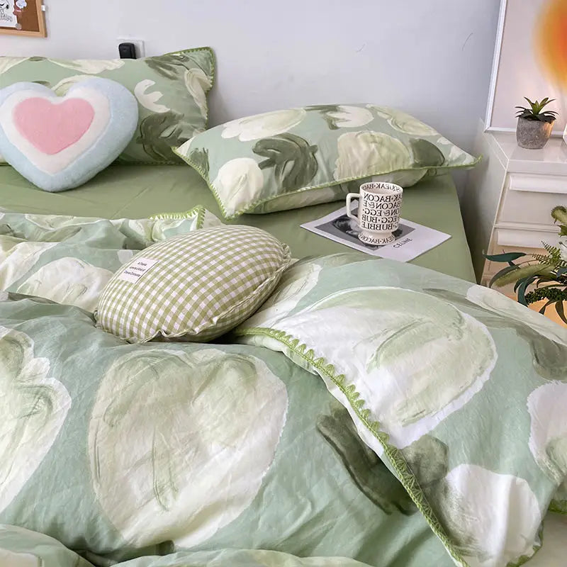 Yeknu Student Dormitory Three-piece Ins Oil Painting Wind Tulip Quilt Set Double Yarn Four-piece Set 1.8 Washed Cotton Bed Girl