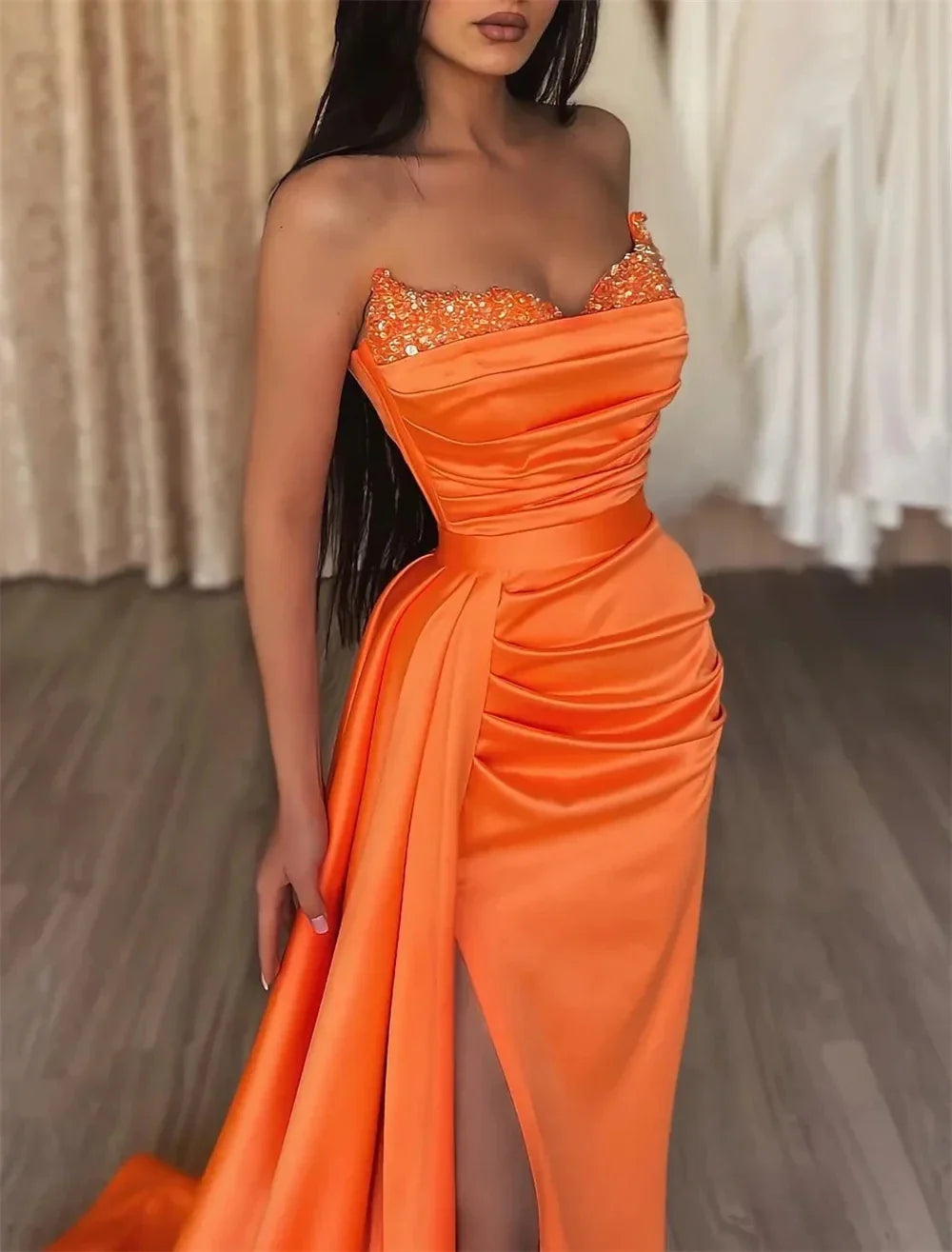 qgtao Line Sexy High Split Prom Formal Evening Dress Strapless Sleeveless Court Train Satin with Slit Pure Color robes de soirée