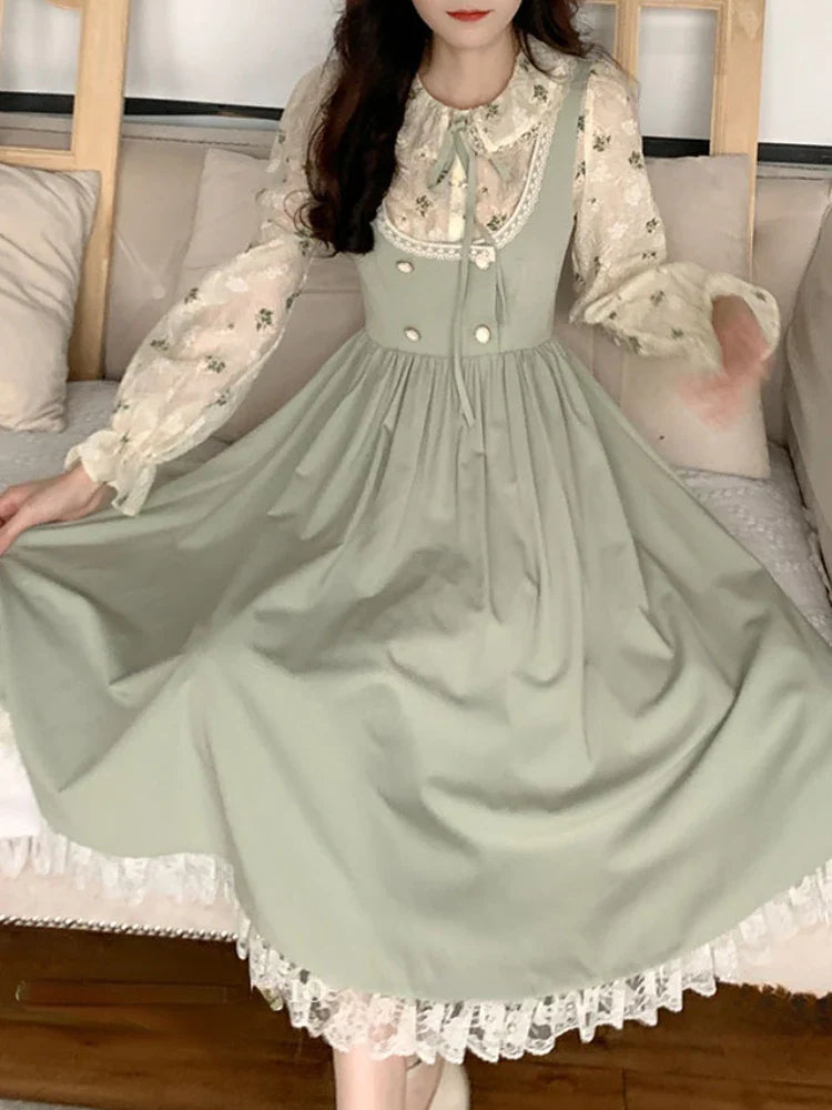 qgtao Green Elegant Vintage Strap Dress Women 2024 Spring Lace Evening Party Midi Dresses Ladies Retro Korean Sweet Kawaii Fairy Dress