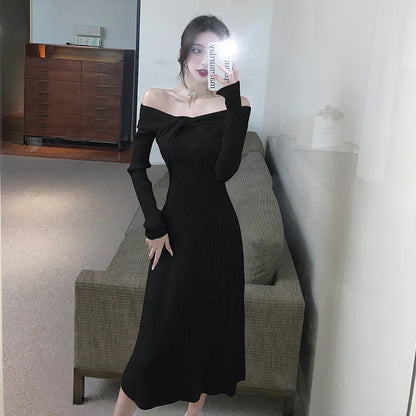 qgtao-Elegant Vintage Knitted Evening Dress for Women Autumn Winter Fashion Long Sleeve Slim Dresses Knit Sweater Lady Clothing 2023