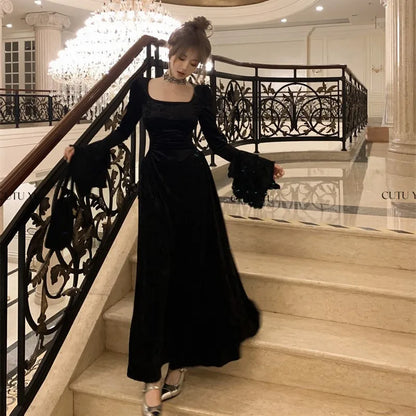 qgtao Y2K Velvet Long Dresses for Women Flare Sleeve Square Collar Slim Waist A-line Autumn Winter Evening Party Prom Robe Vestidos